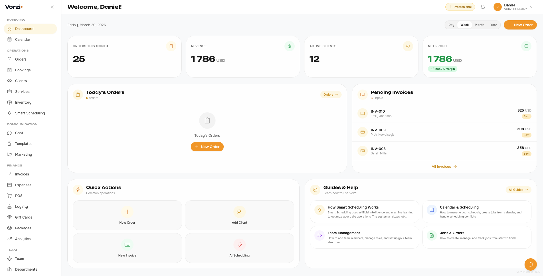 Vorzi Dashboard - Business overview with KPIs, today's jobs, and pending invoices