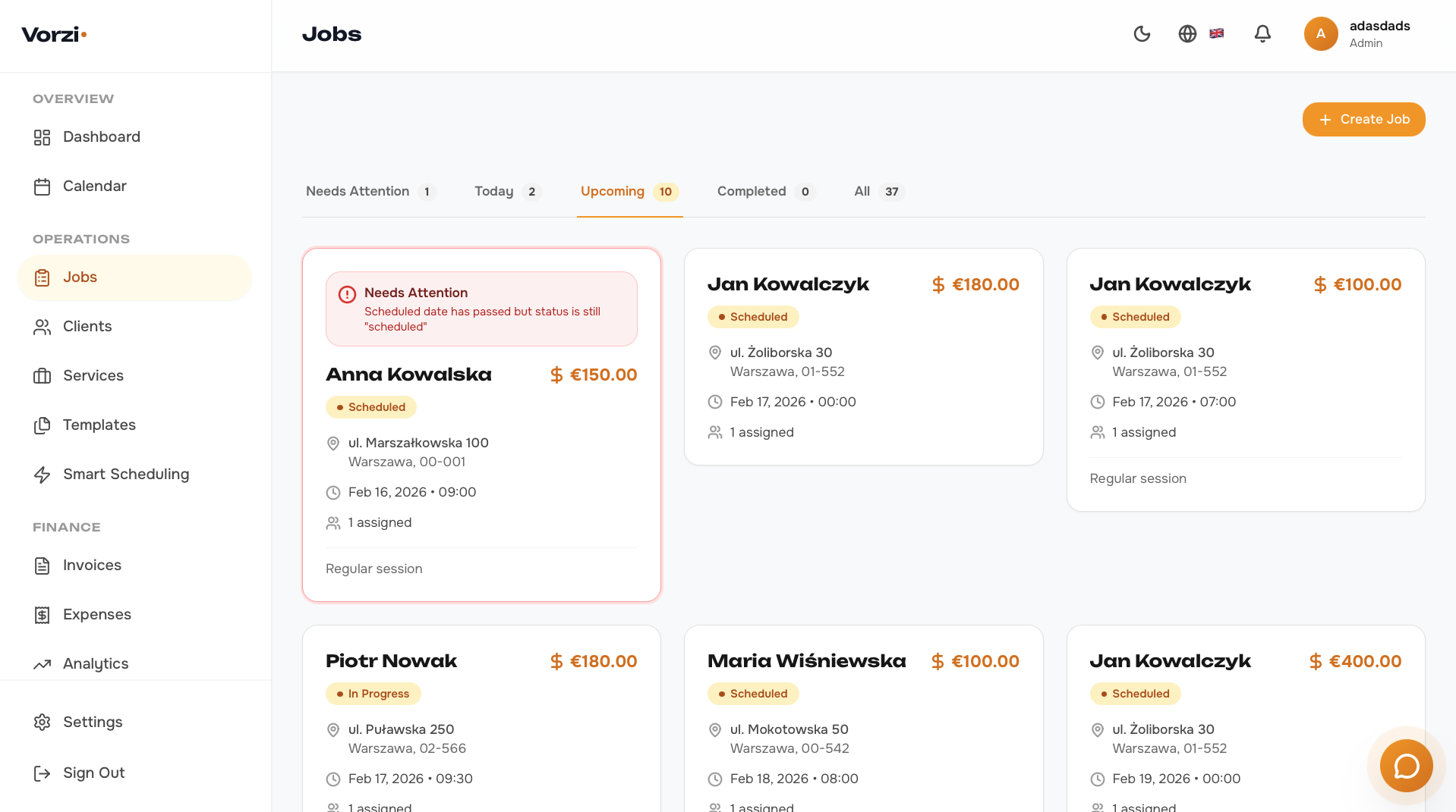 Jobs list with statuses and filters